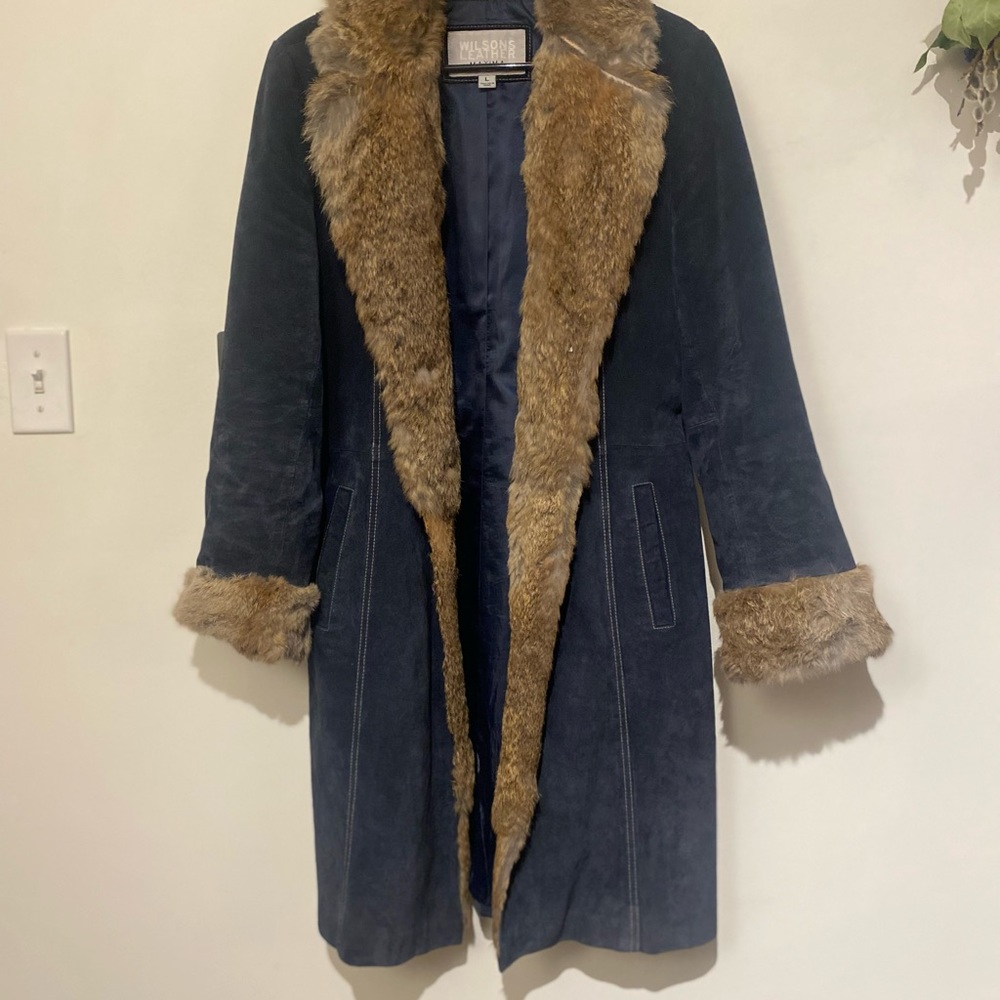 Vintage Wilson’s Leather blue suede coat with fur trim.